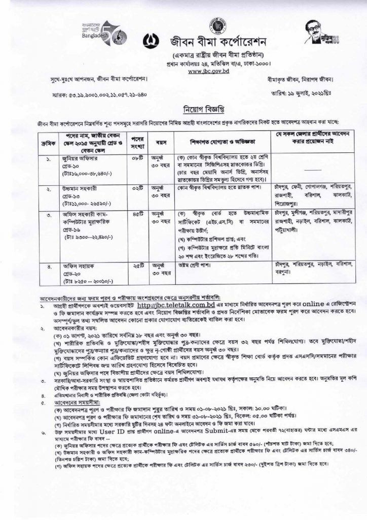 Jiban Bima Corporation (JBC) Job Circular 2022