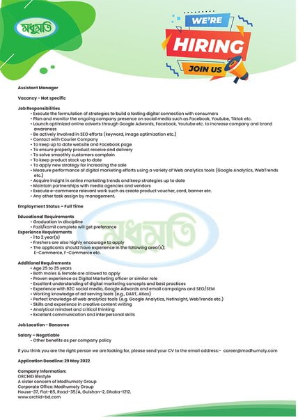 Modhumoty Bank Job Circular-2022 (www.modhumotibankltd.com)