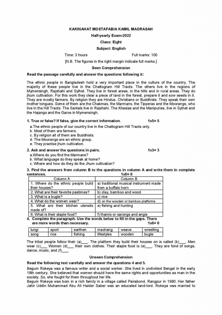 ৮ম শ্রেণির ইংরেজি প্রশ্ন (jsc english model question 2022)