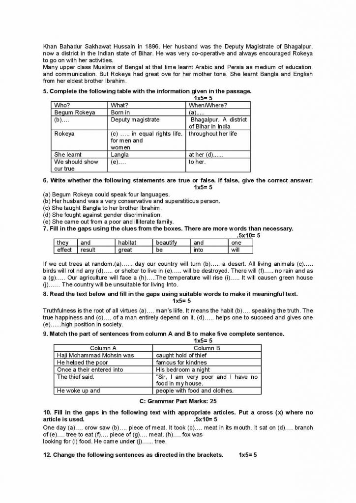 ৮ম শ্রেণির ইংরেজি প্রশ্ন (jsc english model question 2022)